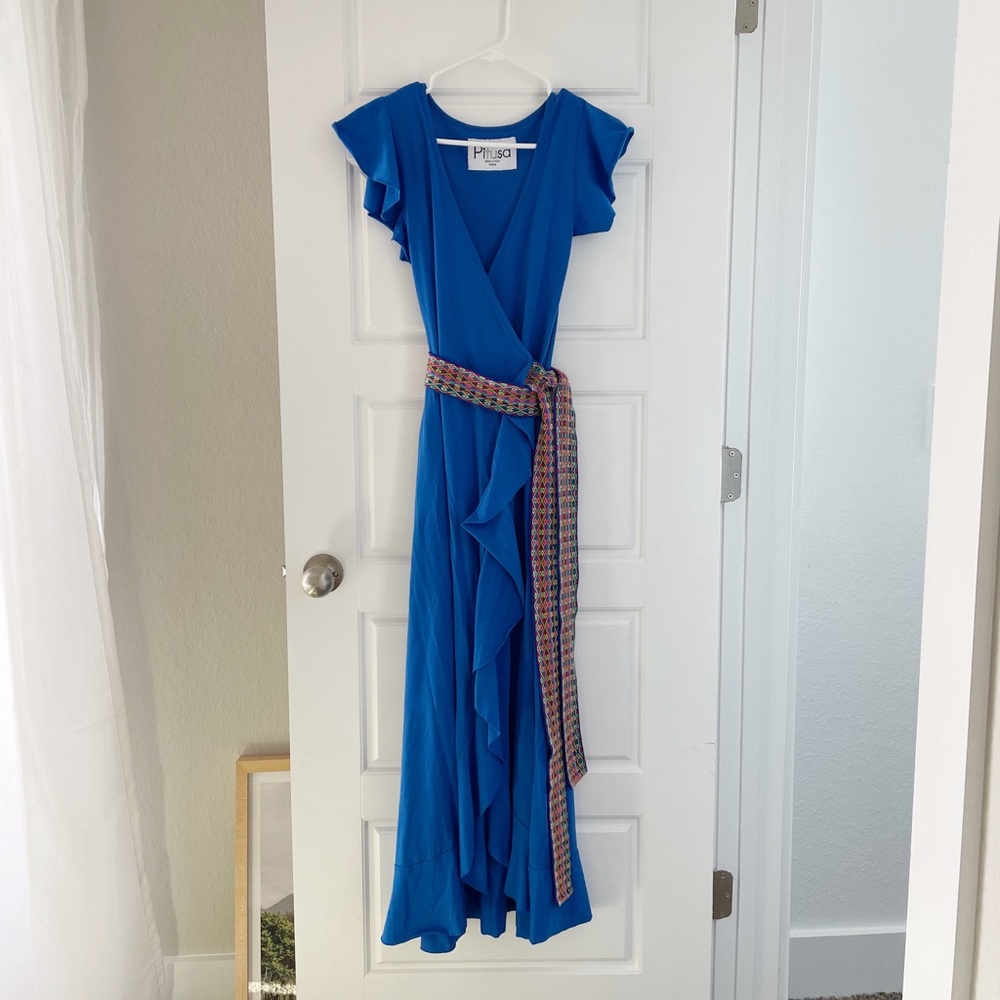 BLUE SOLID WRAP MAXI DRESS